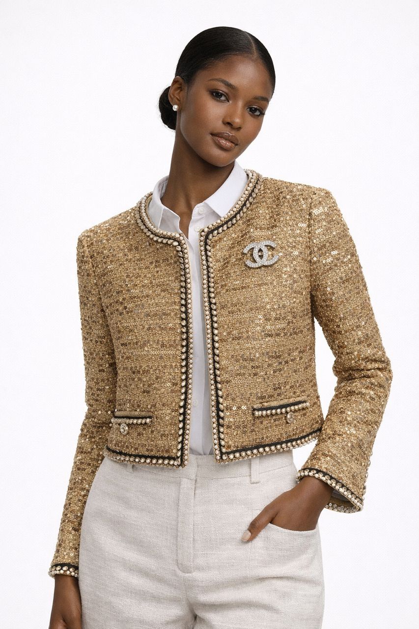 OPULENCE JACKET 1 Opulence Gold Sequin Pearl-Embellished Jacket - Image 1