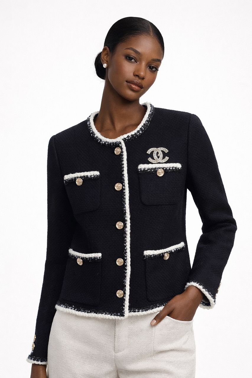 chanel black jacket 1 Chanel Classic Black Tweed Jacket - Image 1
