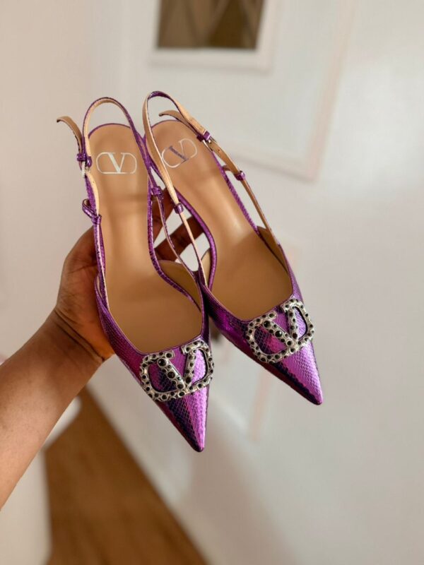Valentino- VLogo Crystal Slingback Pumps – Metallic Plum - Image 2