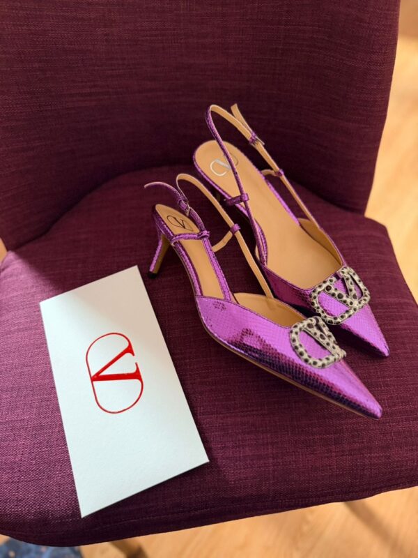 Valentino- VLogo Crystal Slingback Pumps – Metallic Plum - Image 3