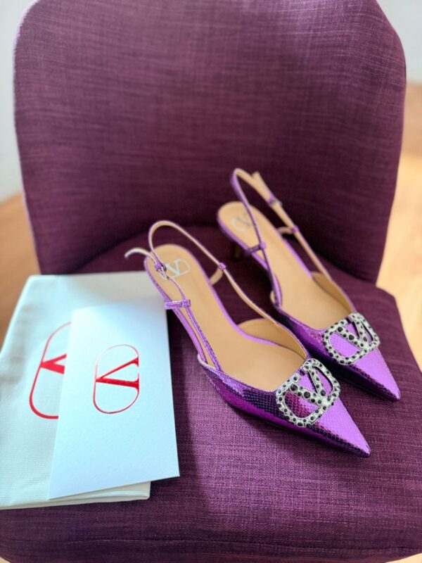 Valentino- VLogo Crystal Slingback Pumps – Metallic Plum - Image 6