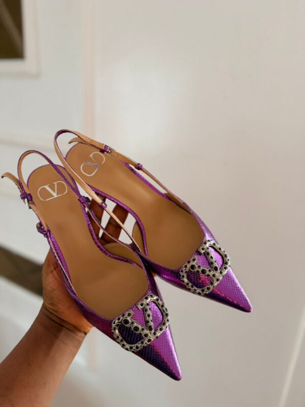 Valentino- VLogo Crystal Slingback Pumps – Metallic Plum - Image 7