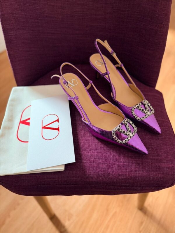 Valentino- VLogo Crystal Slingback Pumps – Metallic Plum - Image 4