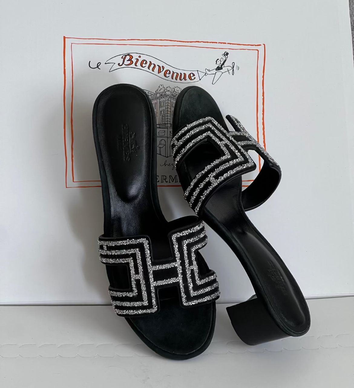 hermes women mules 1 black (silver trimmed ) Hermes women heeled sandals (3.5inches ) - Image 1